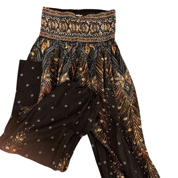 Banjamath Boho Peacock Feather Print Harem Pants Women's Size L Rayon - Picture 3 of 8